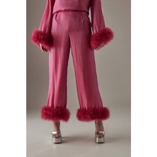 Womens Premium Iridescent Feather Cuff Wide Leg Trousers - Pink - 16