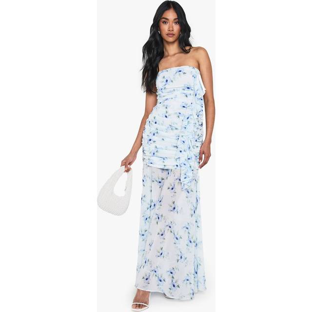 Womens Chiffon Ruched Maxi Dress - Blue - 18