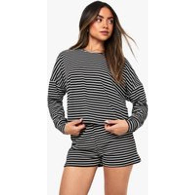 Womens Loungewear Stripe Long Sleeve Top & Shorts Pyjama Set - Black - 6