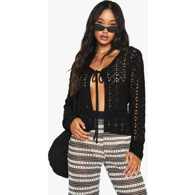 Womens Tie Detail Crochet Cardigan - Black - S, Black