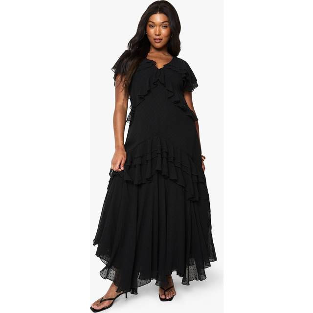 Womens Plus Dobby Chiffon Frill Detail Maxi Dress - Black - 28, Black