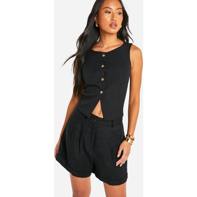 Womens Slash Neck Mock Horn Fitted Waistcoat - Black - 16, Black