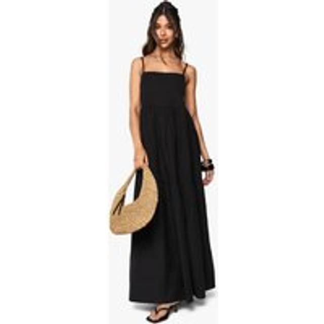 Womens Tiered Linen Strappy Maxi Dress - Black - 12