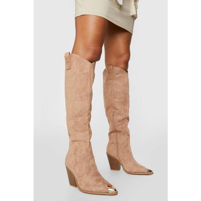 Womens Knee High Toe Cap Pull On Western Cowboy Boots - Beige - 3, Beige