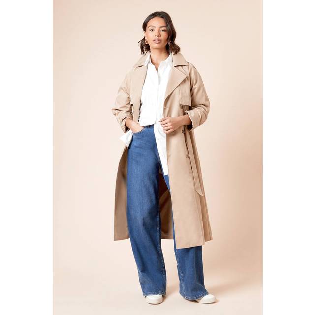 Womens Longline Double Breasted Belted Trench Coat - Stone - 10