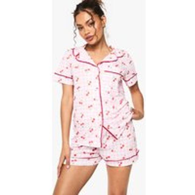 Womens Cherry Print Gingham Piping Detail Short Sleeve Shirt & Shorts Pyjama Set - Pink - 14