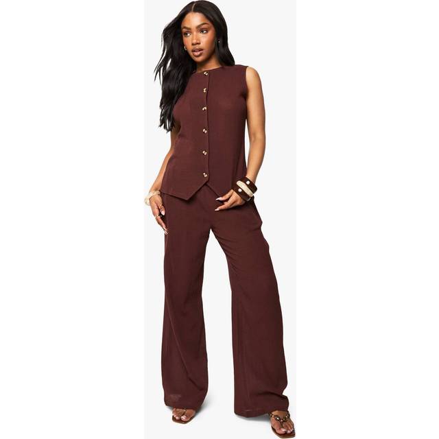 Womens Crinkle Textured Wide Leg Trousers - Brown - 14, Brown