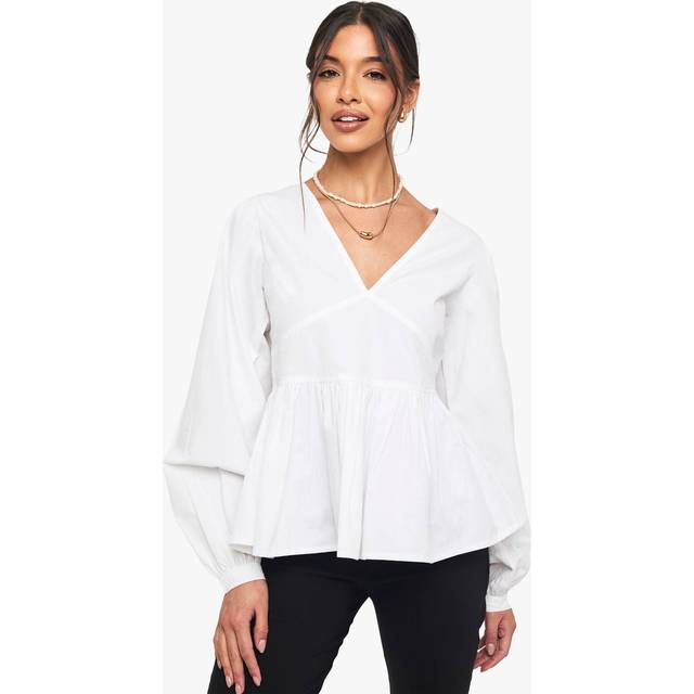 Womens Cotton Poplin Blouson Sleeved Smock Top - White - 10