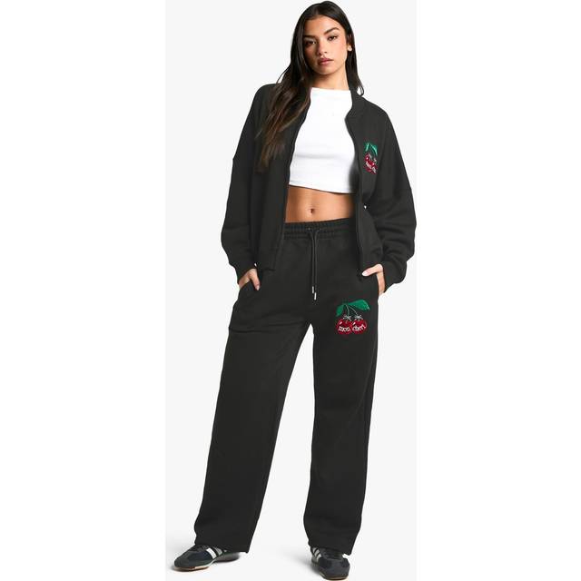 Womens Cherry Print Zip Up Tracksuit Set - Black - XS