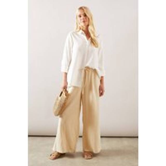Womens Petite Textured Drawstring Wide Leg Trouser - Stone - 16