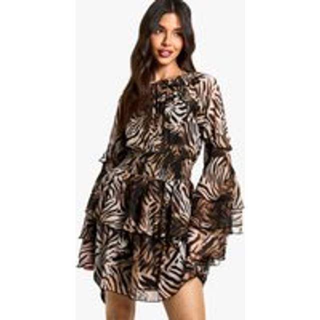 Womens Zebra Printed Chiffon Long Sleeve Ruffle Mini Dress - Brown - 12, Brown