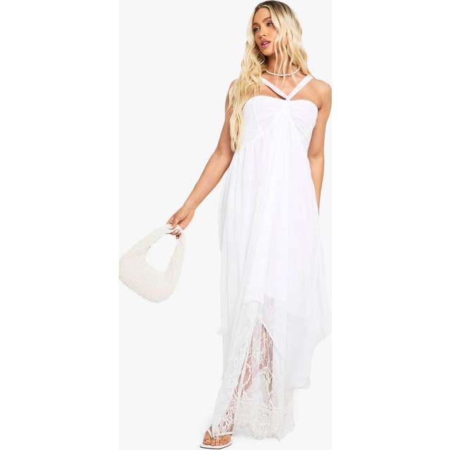 Womens Chiffon Lace Mix Halterneck Maxi Dress - White - 8, White