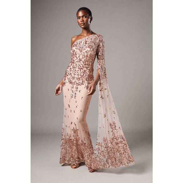 One Shoulder Maxi Dress In Lace With Cape Sleeve - Champagne - 12