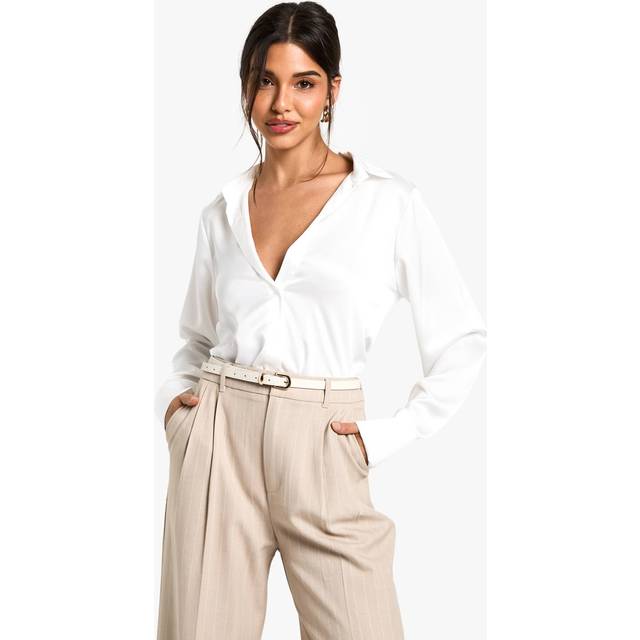 Womens Satin V-neck Button Up Shirt - White - 16