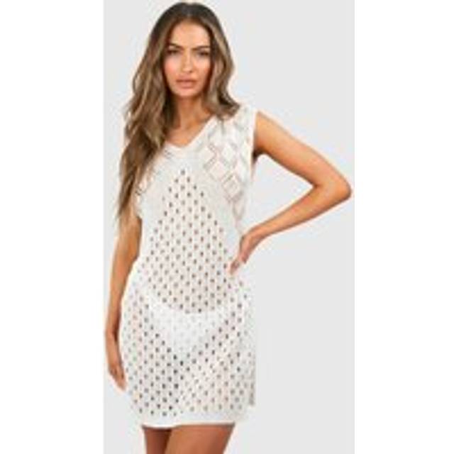 Womens Crochet Knit Cover-up Beach Dress - White - M
