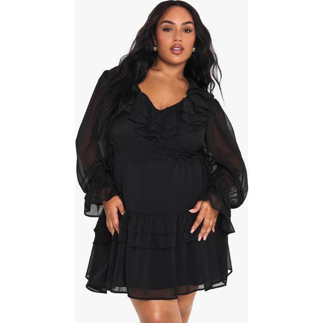 Womens Plus Chiffon Gathered Waist Ruffle Skater Dress - Black - 16, Black