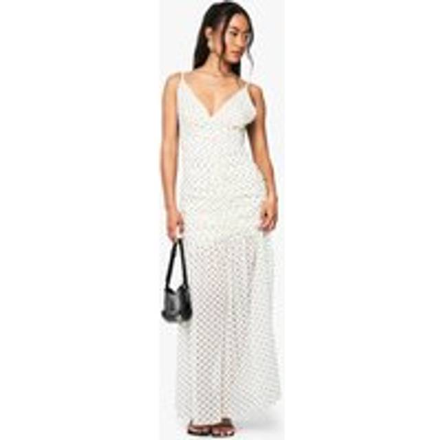 Womens Polka Dot Ruched Plunge Maxi Dress - Cream - 18