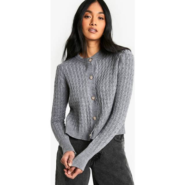 Womens Super Soft Cable Knit Button Detail Cardigan - Grey - M/L, Grey