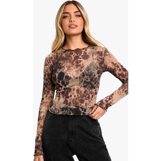 Womens Animal Print Mesh Long Sleeve Top - Multi - 6, Multi