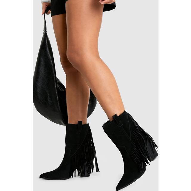 Womens Wide Fit Faux Suede Fringe Tassel Detail Heeled Western Ankle Boot - Black - 6, Black