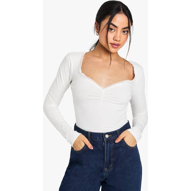 Womens Jersey Lace Trim Ruched Bust Long Sleeve Top - White - 14
