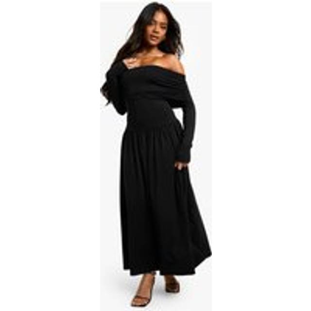 Womens Bandeau Long Sleeve Drop Waist Skater Dress - Black - 8