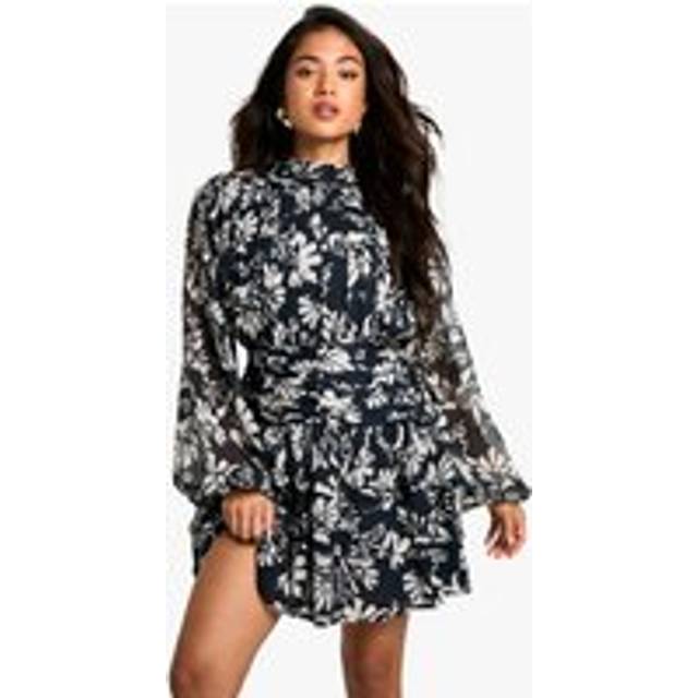 Womens Petite Mono Floral High Neck Skater Dress - Black & White - 14