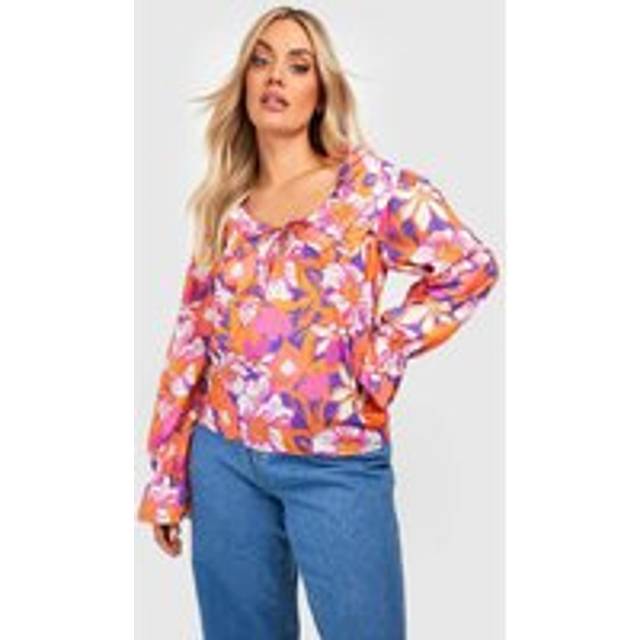 Womens Plus Floral Ruffle Blouse - Orange - 28, Orange