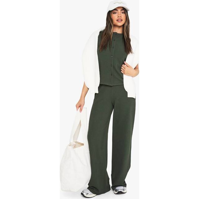 Womens Crinkle Rib Button Through Sleeveless Top And Trouser Set - Green - 10, Green