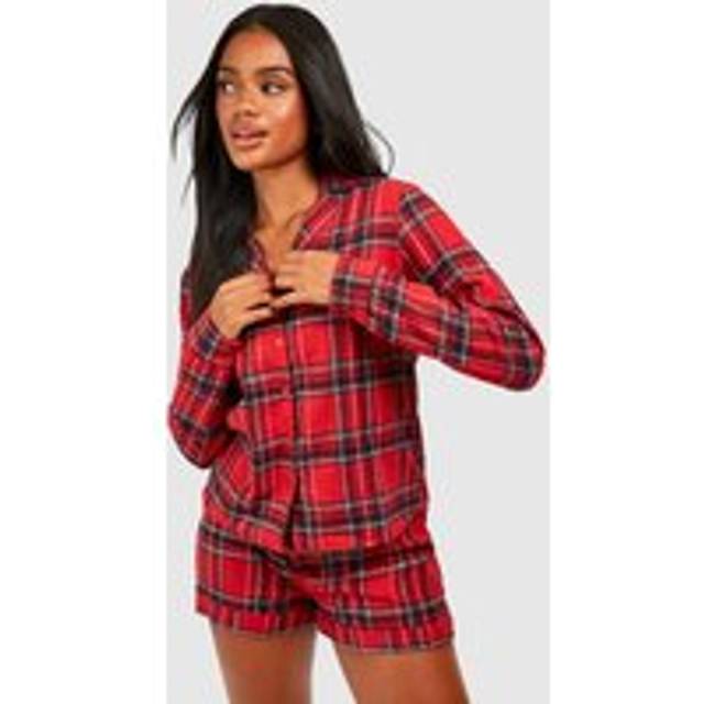 Womens Christmas Brushed Check Long Sleeve Shirt & Shorts Pyjama Set - Red - 16, Red