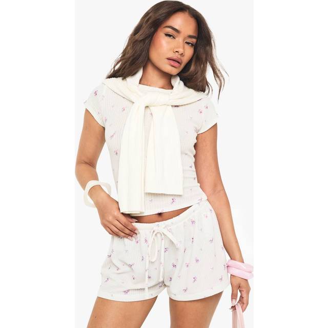 Womens Ditsy Waffle Crew Neck Fitted T-Shirt - White - 12, White