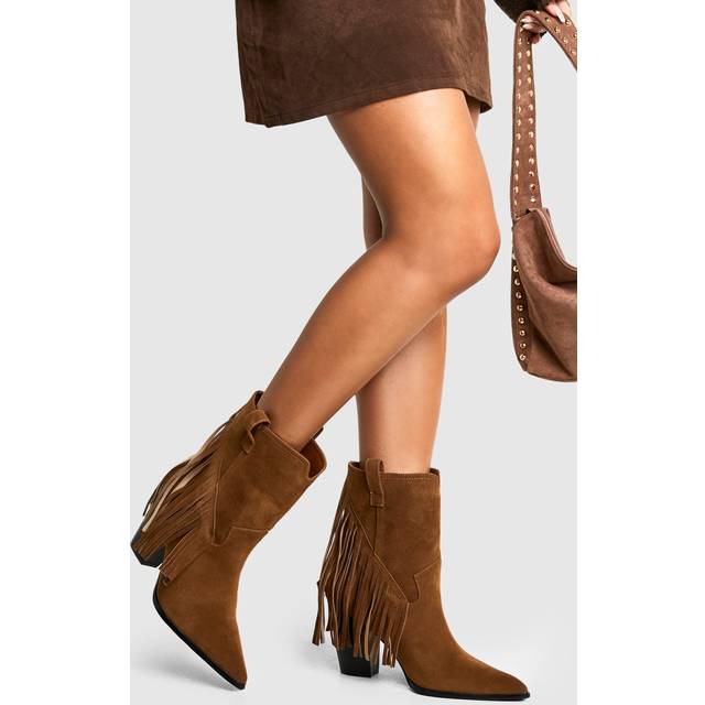 Womens Wide Fit Faux Suede Fringe Tassel Detail Heeled Western Ankle Boot - Brown - 3, Brown