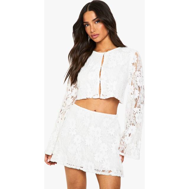 Womens Petite Crochet Long Sleeve And Mini Skirt Co Ord - White - 8, White