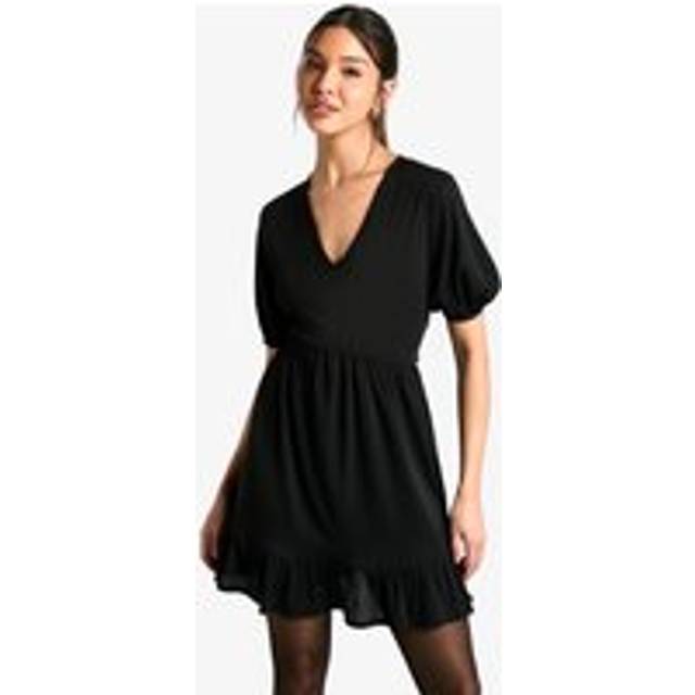 Womens Ribbed Puff Sleeve V Neck Tiered Smock Dress - Black - 14