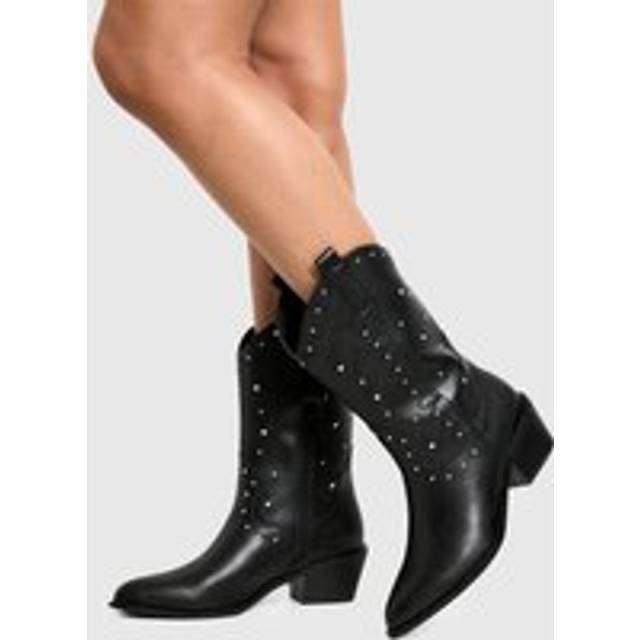 Womens Studded Embossed Detail Heeled Western Boots - Black - 6
