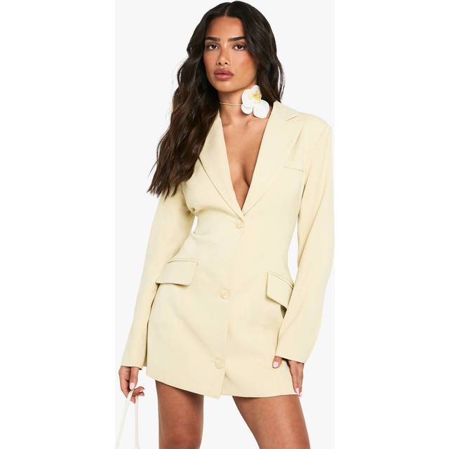 Womens Petite Tailored Structured Cinched Waist Blazer Dress - Yellow - 14