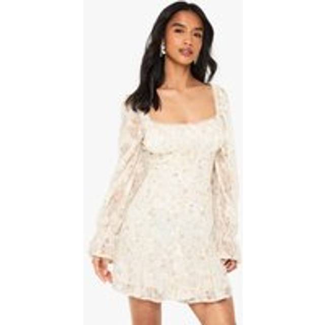 Womens Petite Chiffon Jaquard Floral Angel Sleeve Mini Dress - Yellow - 10