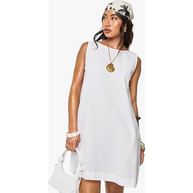 Womens Linen Scoop Back Shift Mini Dress - White - 10, White