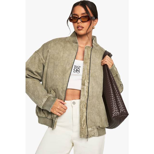 Womens Washed Look Oversized Bomber Jacket - Green - 12, Green