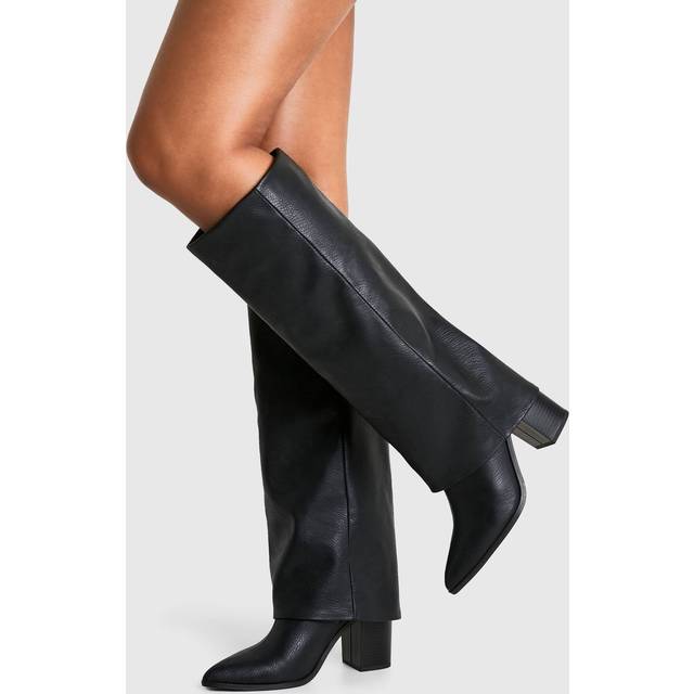 Womens Textured Foldover Stacked Heel Knee High Boots - Black - 8