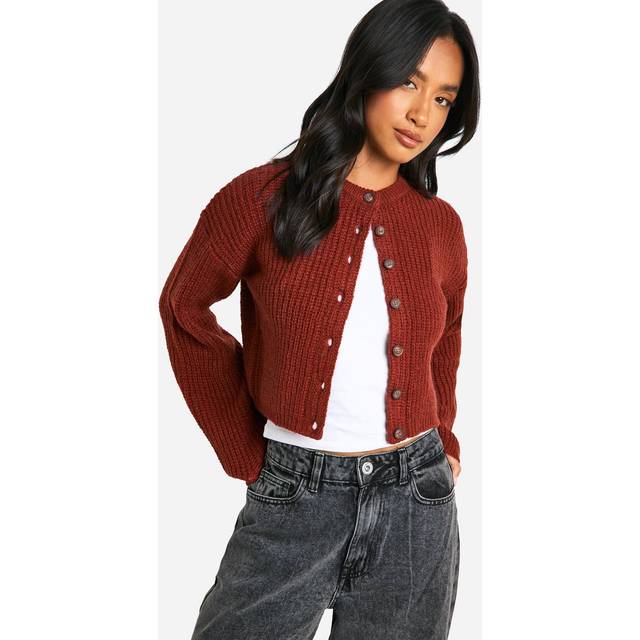 Womens Petite Crew Neck Soft Knit Micro Cardigan - Brown - M, Brown
