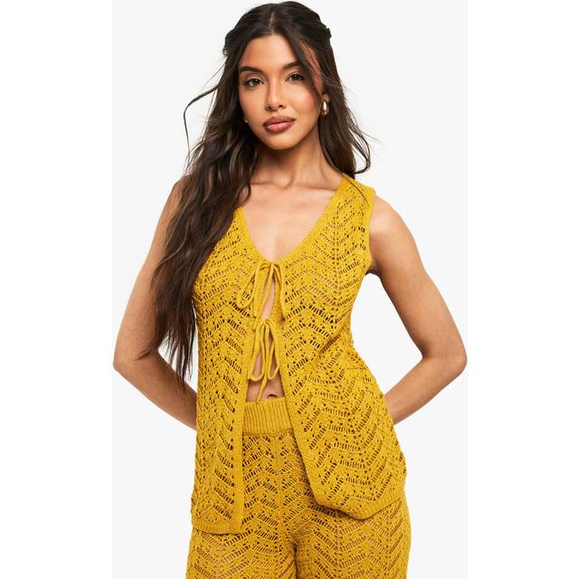 Womens Crochet Tie Waistcoat - Yellow - L, Yellow