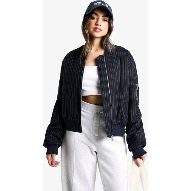 Womens Pinstripe Wool Look Bomber Jacket - Navy - 10, Navy