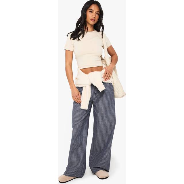 Womens Petite Stripe Drawstring Wide Leg Trousers - Navy - 8