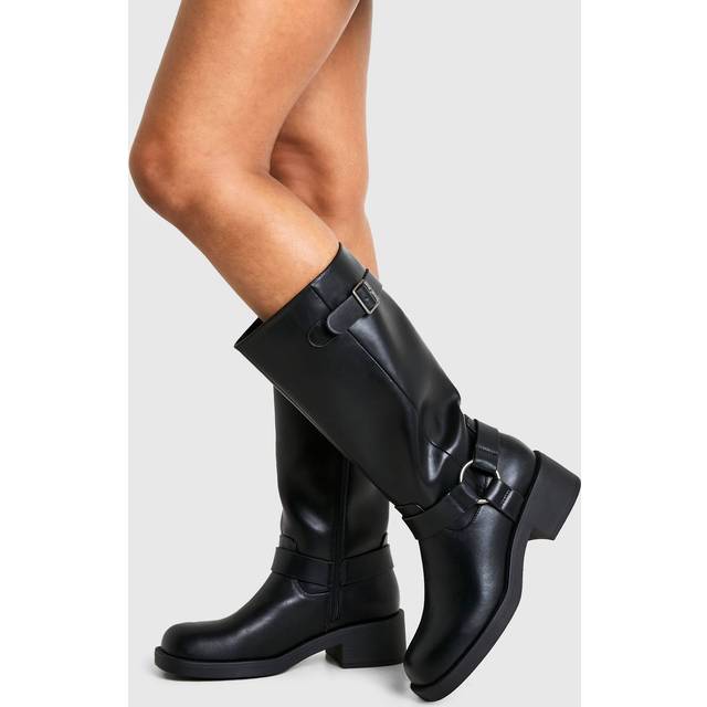 Womens Textured Harness Detail Biker Knee High Boot - Black - 5, Black