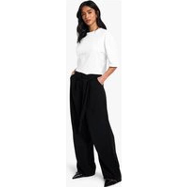 Womens Petite Tie Belt Detail Wide Leg Trousers - Black - 6