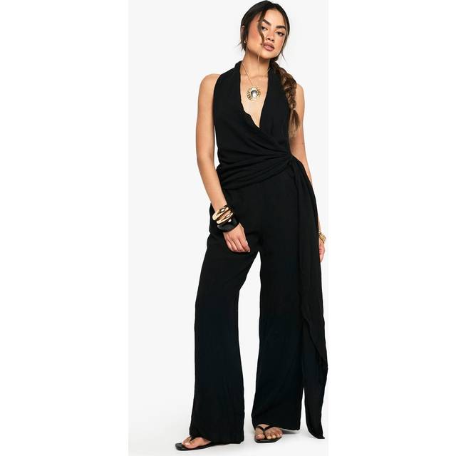 Womens Linen Look Drape Cowl Wrap Jumpsuit - Black - 14