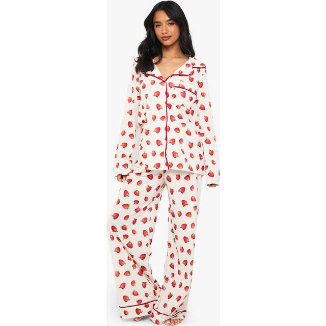 Womens Petite Strawberry Print Long Sleeve Shirt & Trousers Pyjama Set - Cream - 8