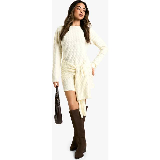 Womens Soft Cable Oversized Tie Detail Knitted Mini Dress - White - XL