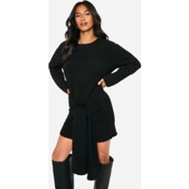Womens Petite Soft Cable Oversized Tie Detail Knitted Mini Dress - Black - Xs, Black